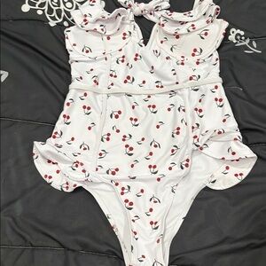 White Cherry Print Swimsuit